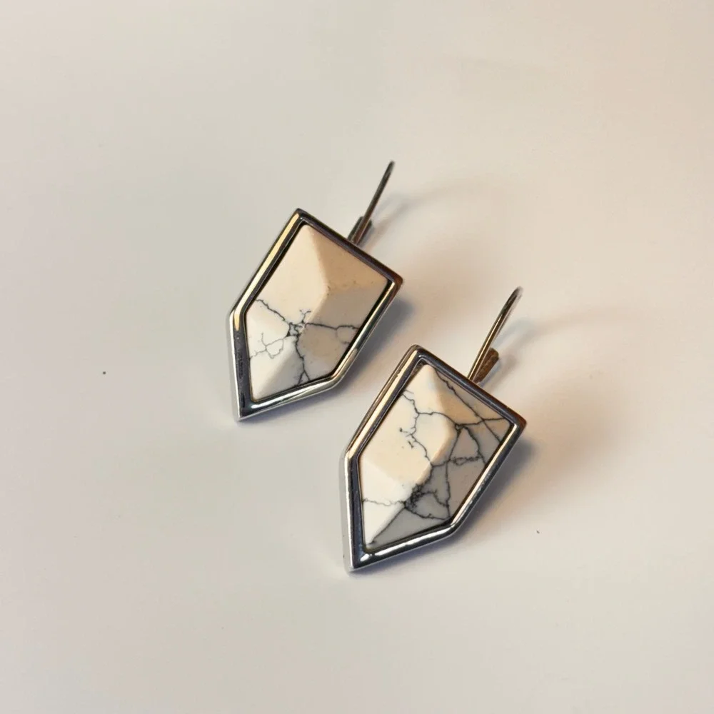 Geometric Shield Drop Earrings White Marble Silver Tone Boho Statement Modern